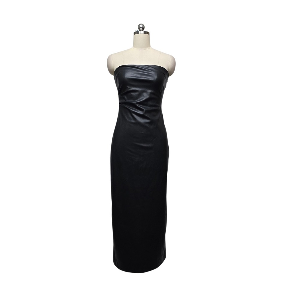 Zara Black Faux Leather Strapless Ruched Midi Dress Womens Size XS